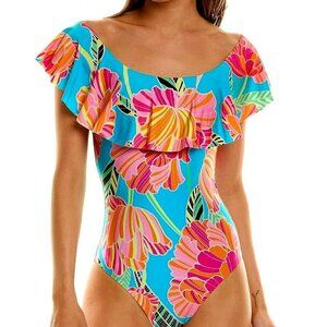 TRINA TURK POPPY BANDEAU PINK FLOUNCE RUFFLE TRIM ONE PIECE SWIMSUIT SIZE 14 NWT